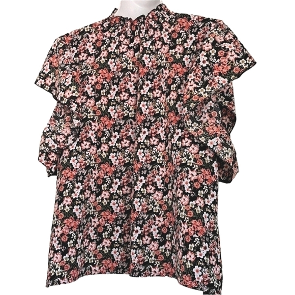 Shein Classic Frilled Neck Flutter Sleeve Ditsy Floral Print Top Size La… - Picture 3 of 9